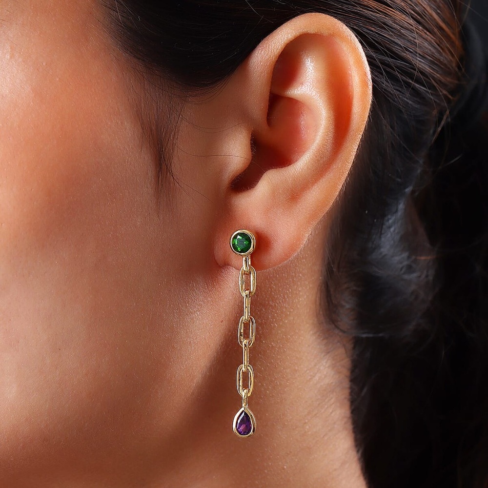 Natural Chrome Diopside and Amethyst Paper Clip Drop Earrings in Vermeil 🆕